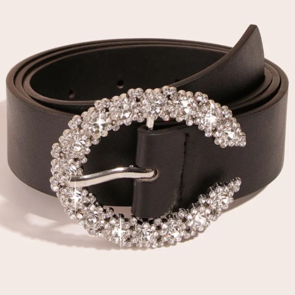 New Elegant Black Belt with Crystal “C” Buckle SZ 39”L